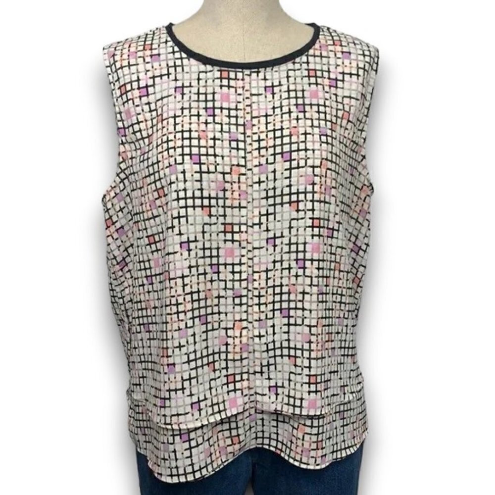 Metaphor Faux Layered Step Hem Tank Top-Black/Pink/Purple Checks, Sz XL